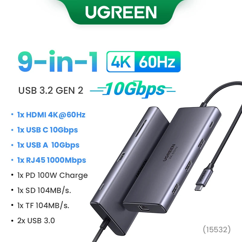 UGREEN Dual HDMI USB C HUB – 10-in-1 8K Adapter Dock with RJ45, USB 3.0, and PD 100W for MacBook Pro/Air M2/M1