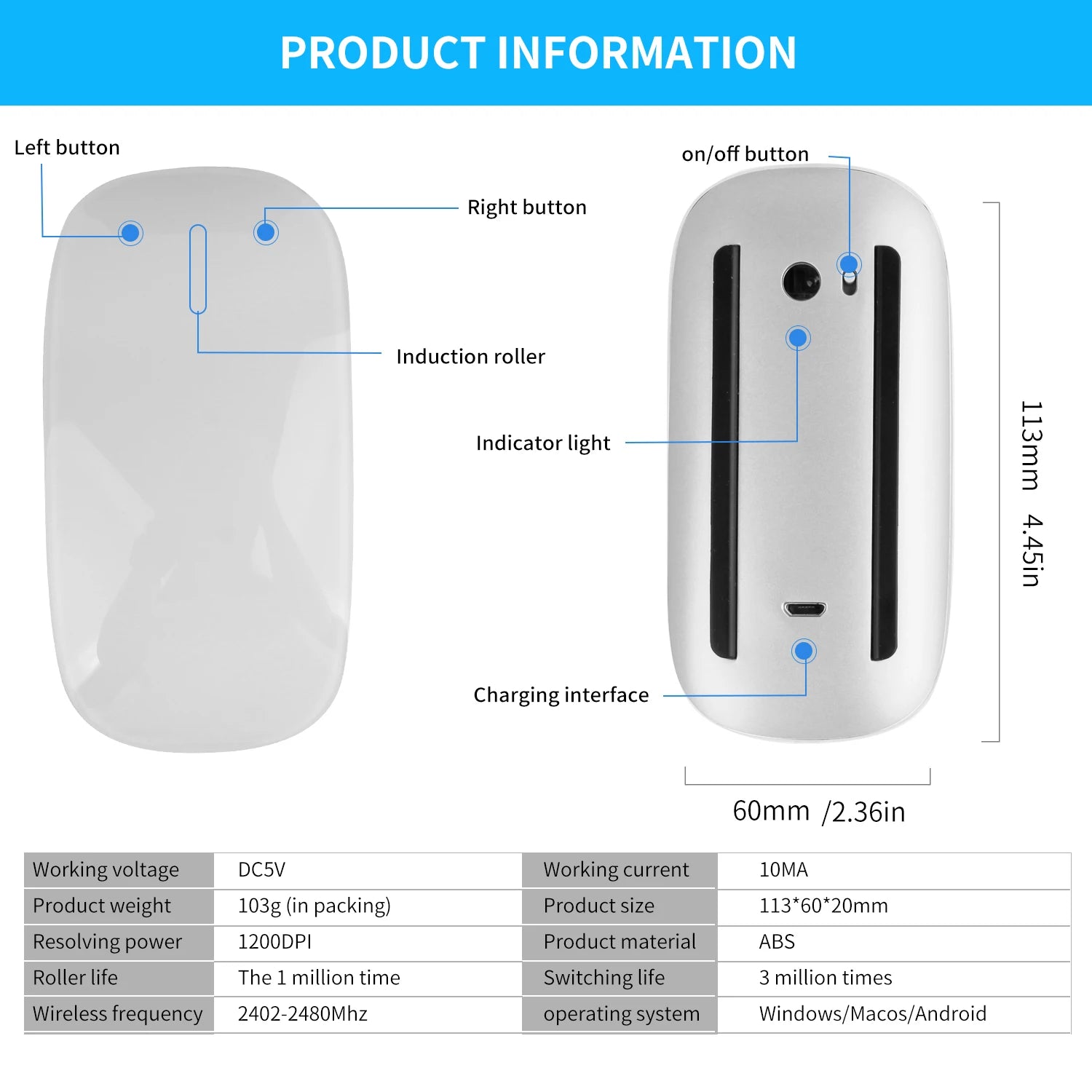 Bluetooth 4.0 Wireless Mouse Rechargeable Silent Multi Arc Touch Mice Ultra-Thin Magic Mouse for Laptop Ipad Mac PC Macbook